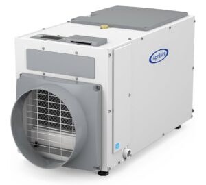 A ducted whole-home dehumidifier with a round supply collar